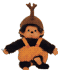 A cartoon monkey in orange overalls and a brown antlered hat appears in four sequential poses with arms and legs in different positions.