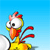 Pixelated cartoon chicken with red comb and wattle, orange beak, yellow body, and red tail feathers against light blue background.