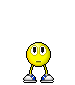 Yellow circular character with blue shoes and white socks stands under a speech bubble reading '5 Stars' or '5'.