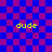 Blue and purple checkered background with four yellow 'dude' text instances arranged in a pattern