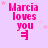 Pink text "Marcia loves you" on light purple background with small pink stars and a stylized arrow symbol below the text.