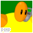 Animated orange circular character with black eyes and yellow body against green background, displaying text variations below.