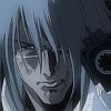 Anime-style character with long blue hair and glasses, wearing a white shirt, depicted in grayscale with a slight smile.