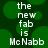 Green background with blurred circular shapes and white pixelated text reading 'the new fab is McNabb' in two identical vertical