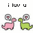Pixelated image shows two dinosaurs facing each other with thought bubbles containing hearts, above text reading 'i luv u' on white background.