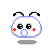 Pixelated character with rounded white head, blue outline, black antennae, red cheeks, and gray shadow on light gray background.