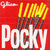 A red background displays 'Pocky' text with chocolate sticks, transitioning to a black screen with 'WOOT' and pixelated symbols.
