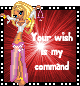 Pixelated doll avatar with blonde hair and blue eyes holds purple scales, standing against red background with text "Your wish is my command".
