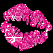 Pixelated pink lips with white sparkles on black background, showing three of a kissing motion
