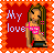 Pixelated image of a woman with long brown hair wearing a pink bikini top and dark bottoms, standing against a red background with orange border and partial text.