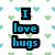 Pixelated text on a heart-patterned background with blue and green hearts, displaying 'I love hugs but i need one now!!!!'