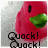 A pink duck with a green beak and black eye appears in four , each showing different text and expressions