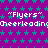 "Flyers" Cheerleading text repeated in white pixelated font over purple background with teal stars, static image.