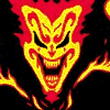 repeating devil-themed icons with red and yellow color scheme, each featuring a stylized face above vertical striped on black background