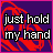 Purple background with red scribbles and white text reading "just hold my hand" or "and kiss me" in pixelated font.