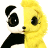 Pixelated 48x48 buddy icon showing a split panda-like character with black-and-white left side and yellow right side, static image on white background.