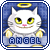 A white cat with yellow eyes and a pink nose wears a golden halo above its head, positioned over a blue background with the word ANGEL in blue text below.