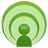 Green pixelated icon with concentric circular waves surrounding a simplified human figure silhouette against a light gray background.
