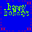 Blue background with red dashed border and star shapes, green text reading 'happy holidays' in four quadrants.