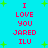 Pixelated text on cyan background with green plus signs, repeating 'I LOVE YOU JARED ILU' in red block letters.