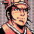 Pixelated 48x48 static buddy icon featuring a character with black hair, peach skin tone, and red-and-black checkered background pattern.