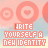 A repeating pattern of circular icons with heart symbols and text reading "WRITE YOURSELF A NEW IDENTITY" on a light blue background.