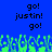 Blue background with black text reading 'go! justin! go!' repeated twice, green pixelated shapes at the bottom.