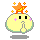 Pixelated character with yellow body, black eyes, pink cheeks, and orange star on head; two versions show different mouth shapes and a pink question mark.