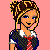Pixel art of a character with blonde hair in a bun, blue eyes, and a schoolgirl outfit with a red and blue plaid skirt, white collar, and red bow, standing against a pink background.
