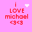 Pixelated pink background with red text 'i LOVE michael <3<3' and four variations of white pixel art symbols above 'i'.