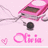 Pixelated pink background with a pink MP3 player, earphones, and text reading "Olivia" and "you are the music in me high school nanana nanana yeah.".