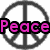 Animated icon with peace symbol background displaying sequential text: 'Peace', then 'Love And', then 'Hapiness :)' in different colors.
