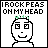 Pixel art comic with four sections showing a character's changing expression and text about 'peas on head' across three