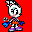 Pixelated cartoon character with white face, blue eyes, pink cheeks, and bunny ears in four sequential poses against red background.