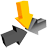 A static pixel art image shows a large yellow arrow pointing downward onto two gray shapes on a light gray background.