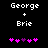 Pixelated text displays 'George + Brie' above five pink and purple heart icons on a black background.