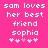 Pixelated text on bright pink background reads 'sam loves her best friend sophia' with five pink heart symbols below, two versions differ in heart coloration.