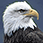 A pixelated bald eagle head on a dark blue background, with pink text reading 'with liberty and justice for all' on cyan.