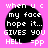 Four identical black circular icons on a bright pink background, each containing white pixelated text reading "when u c my face hope it... GIVES YOU HELL =pp".