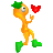 Pixelated orange figure with green hair and shoes, one arm raised toward a red heart, single eye with gray pupil, gray background.