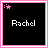 Pixel art icon with black background, pink border, and 'Rachel' text showing animation changes in star particles above the name.