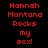 Red pixelated text on black background with white rectangular overlays, displaying 'Hannah Montana Rocks my sox!' in a of three and four