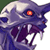 Pixelated purple and white cartoon monster head with glowing red eye, sharp teeth, and open mouth against a green background.