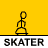 A contact sheet of 25 animated frames showing a stick figure skater in various running poses against a solid yellow background, with "SKATER" text repeated below each frame.