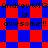 Pixelated text repeats 'AndrewW113 is awesome!!!' over red and blue geometric patterns with shifting diamond and square layouts.