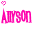 Pixelated pink and white text 'Alyson' with a heart symbol, displayed in two color-inverted states on split backgrounds.