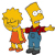 Two yellow-skinned cartoon characters stand side-by-side; the left character wears an orange dress and red shoes, while the right character wears a red shirt and blue pants with one arm extended outward.