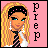 Pixel art icon of a stylized female character with long blonde hair, wearing a black headband with pink dots and a checkered tie, against a solid pink background with vertical text reading "PREP" on the right side.