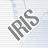 Two side-by-side animated frames of a stylized 'IRIS' text logo on a light blue striped background with subtle transparency effects.