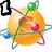 Pixelated orange sphere with green stem and leaf, pink heart-shaped mark, blue and purple orbital rings, and black number '1' in top-left corner.